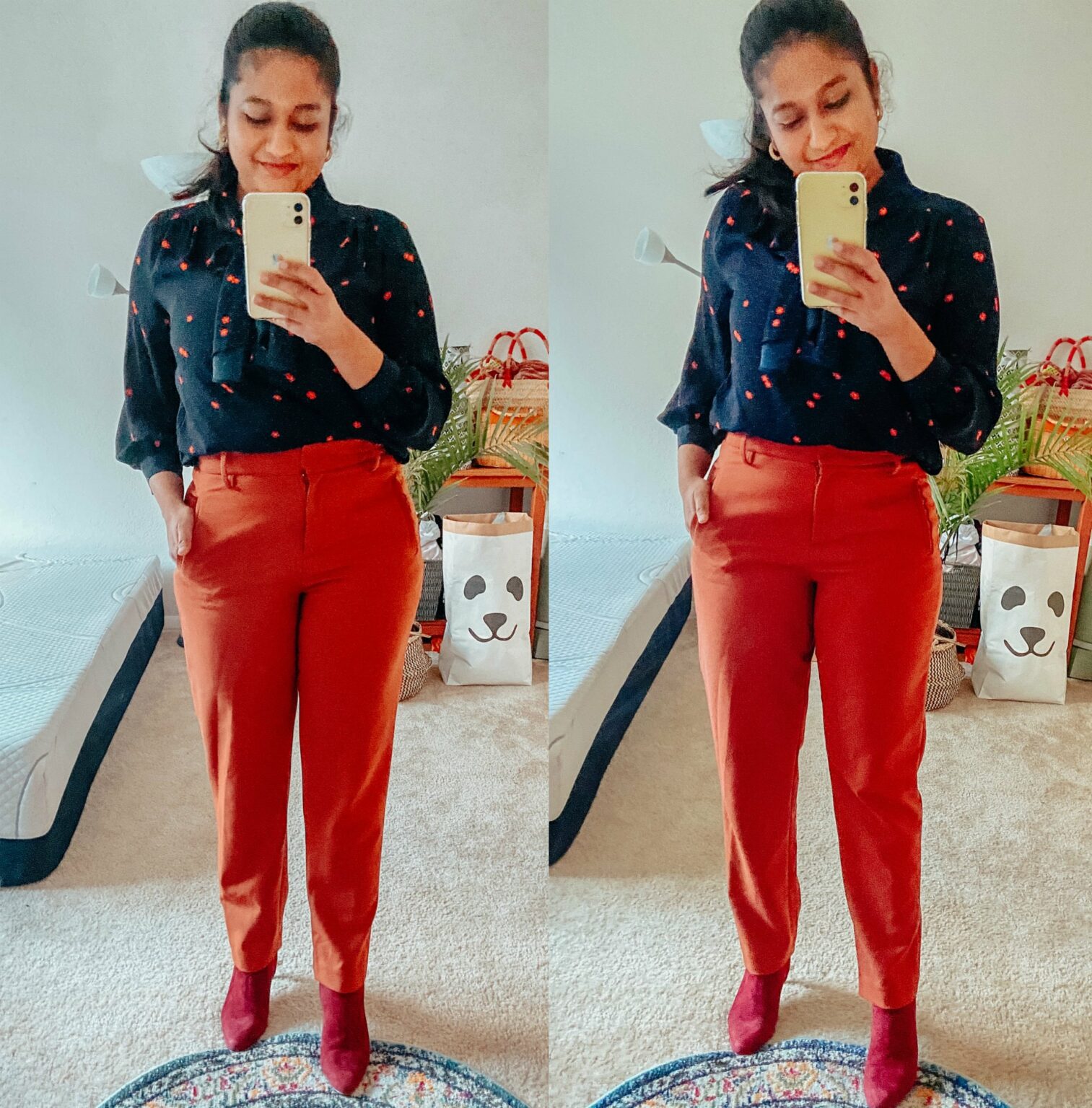 Blue Floral Blouse and Rust Pants Outfit Fashion Dreaming Loud