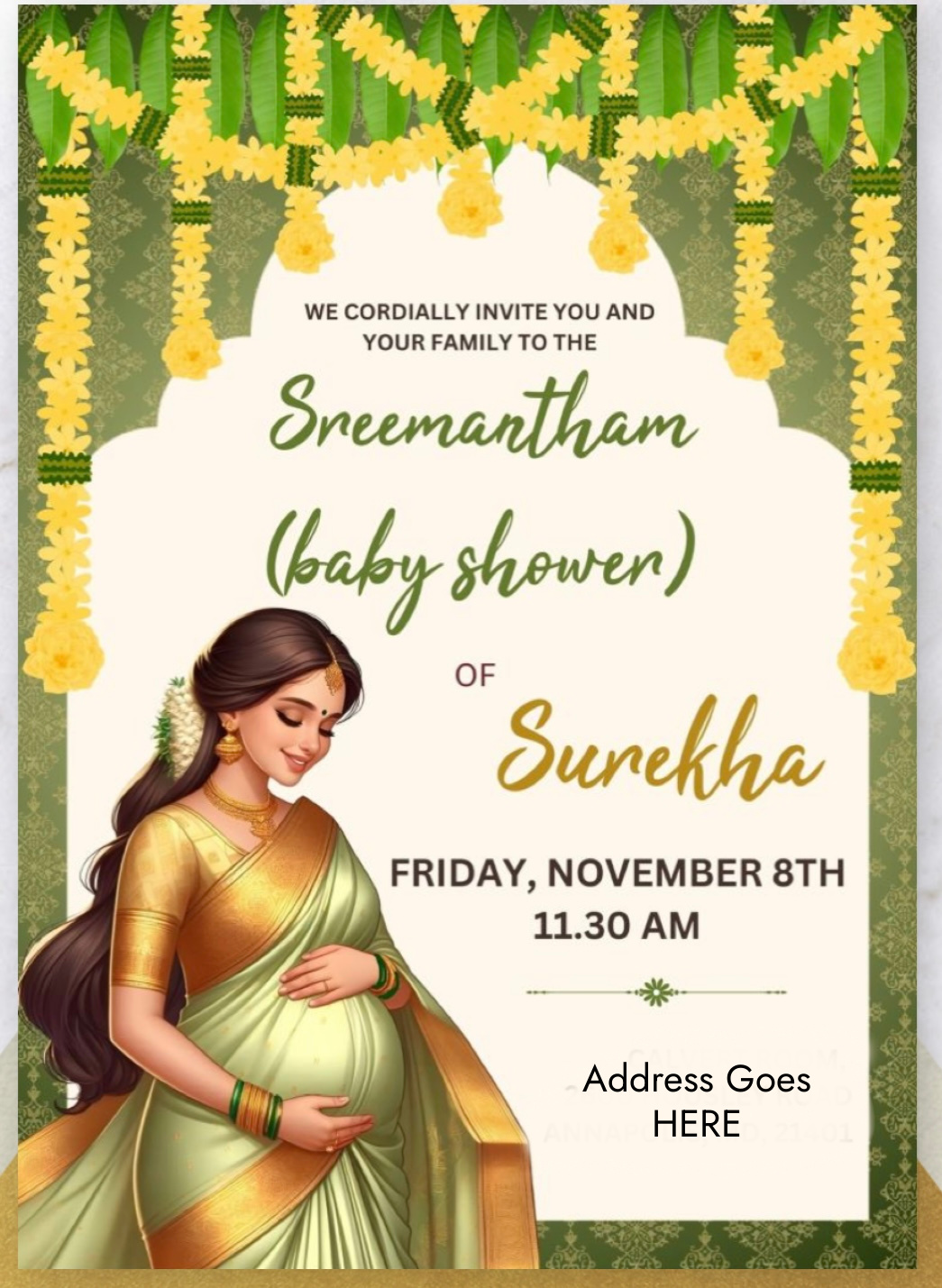 Traditional Telugu Seemantham (Baby Shower) Decor And Celebrations In USA- Seemantham Invitation Design by Top US Indian Blogger Dreaming Loud