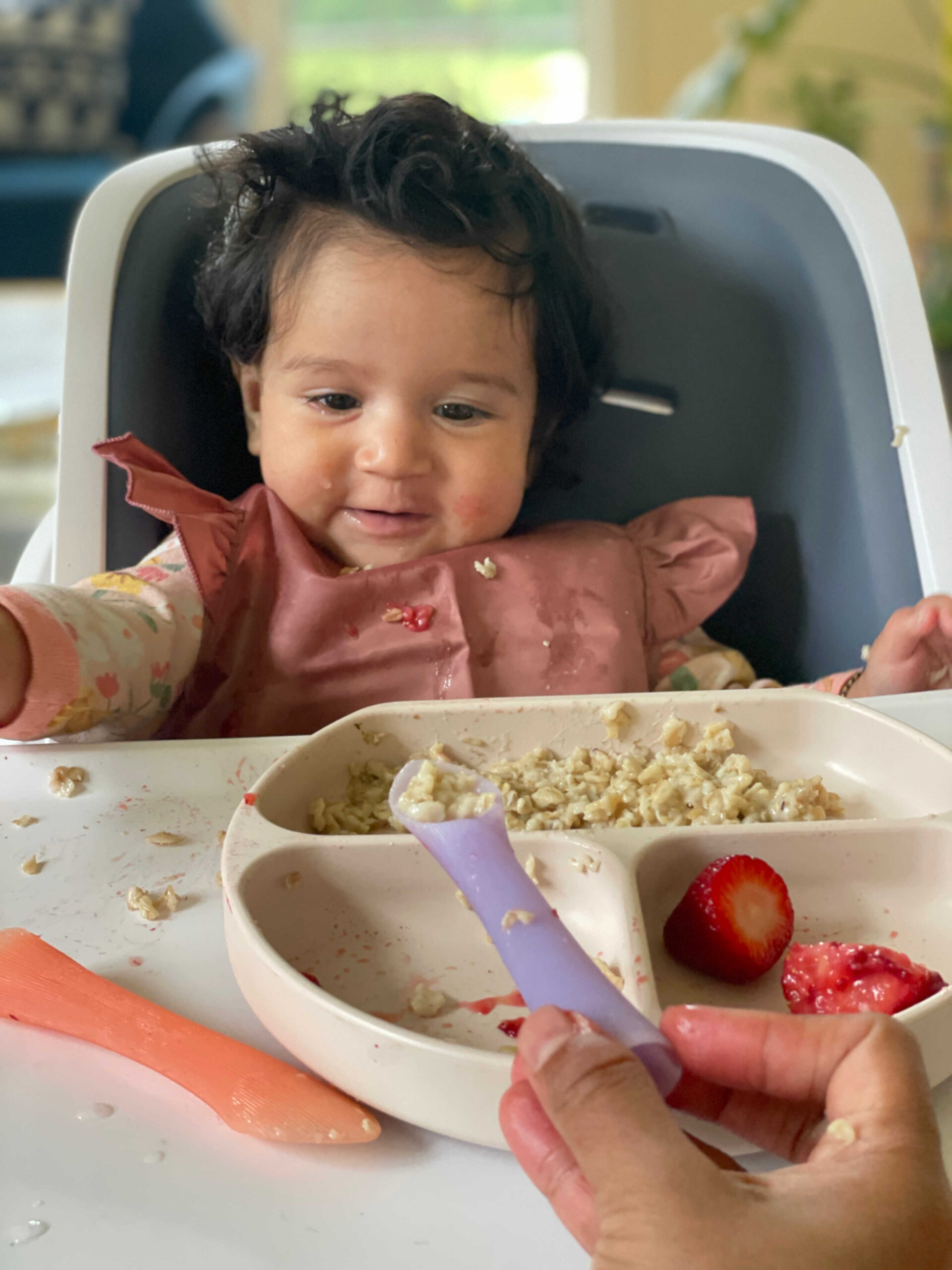 6 Month Baby-Led Weaning Meal Ideas Week 1 - Baby First Food Oatmeal and Strawberry by Top US Mom Blogger Dreaming Loud