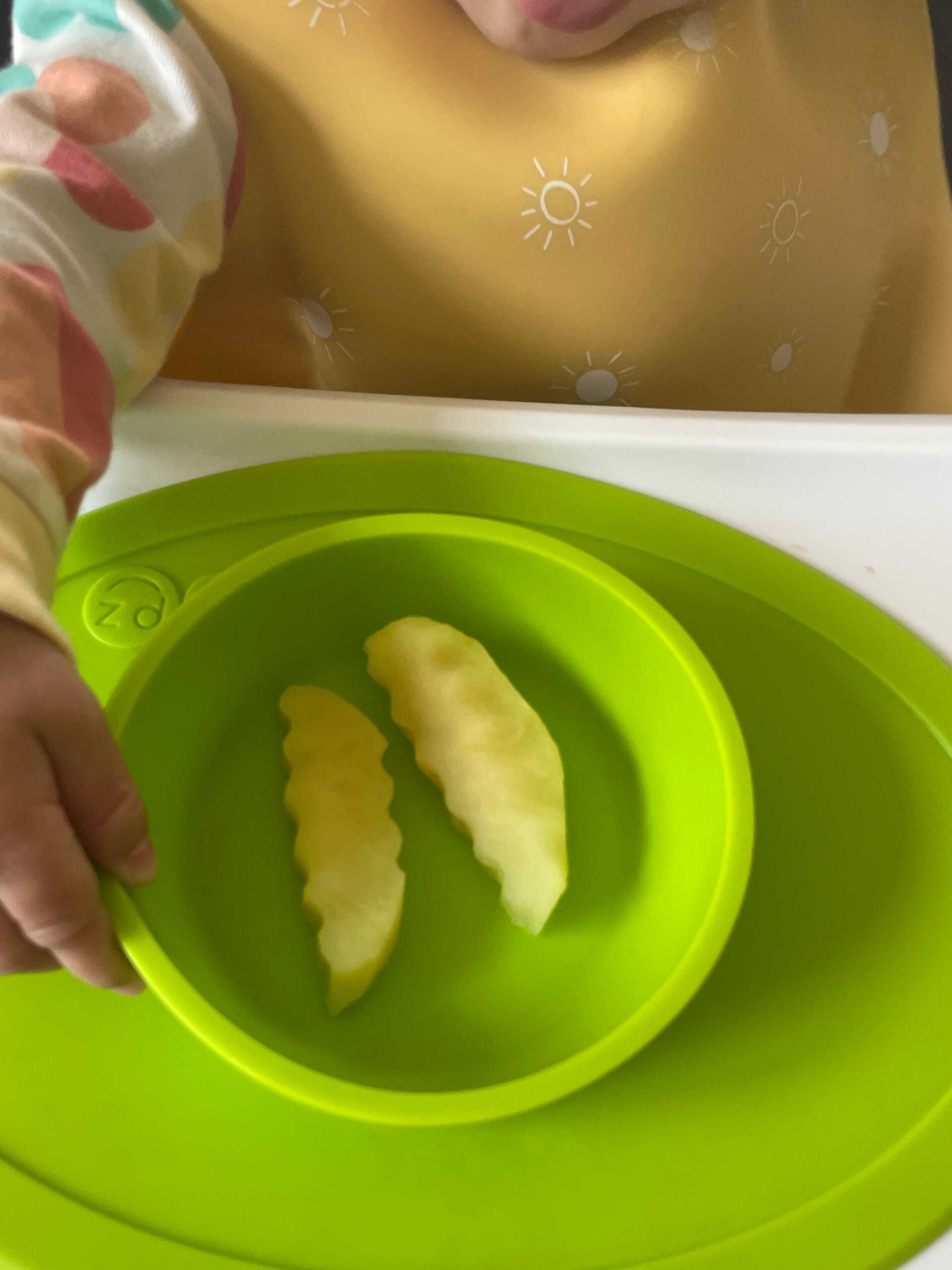 6 Month Baby-Led Weaning Meal Ideas Week 2- Crinkled cut Steamed Apple by Top US Mom Blogger Dreaming Loud