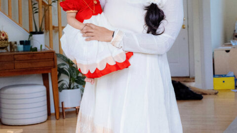 Adorable Mommy and Baby Girl Indian Matching Outfits For Festivals- Onam, Diwali, Navratri- Studio Virupa Arshi Crop Top and Skirt red by Too US Indian Mom Blogger Dreaming Loud