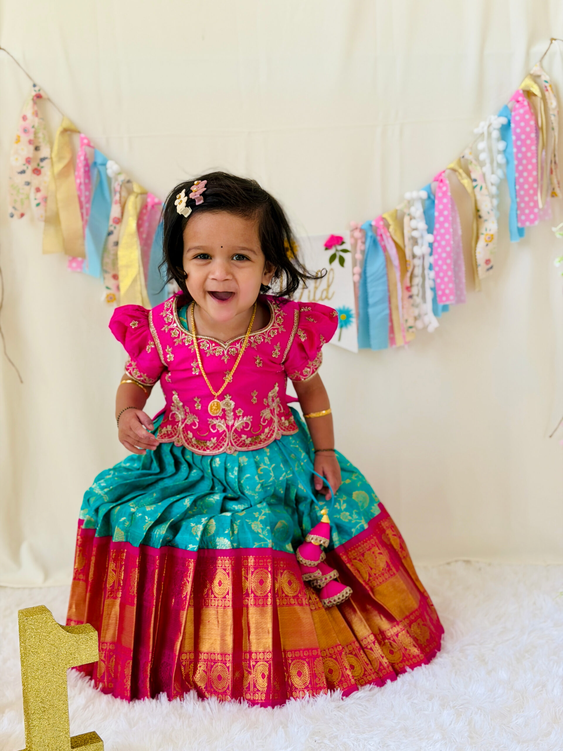 Baby Girl Monthly Milestone Pictures at Home- First Birthday Indian Traditonal Dress by top US Mom Blogger Dreaming Loud