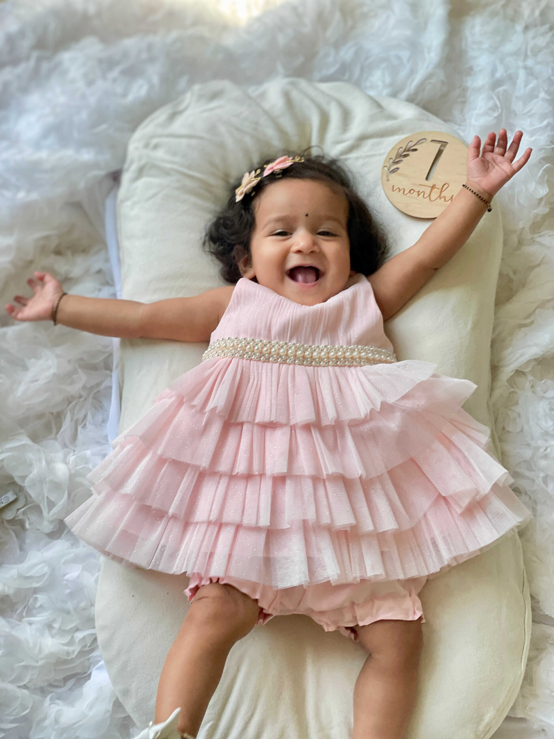 Baby Girl Monthly Milestone Pictures at Home- July (All things Chic Theme & Standing With Support Milestone) by Top US Mom Blogger Dreaming Loud