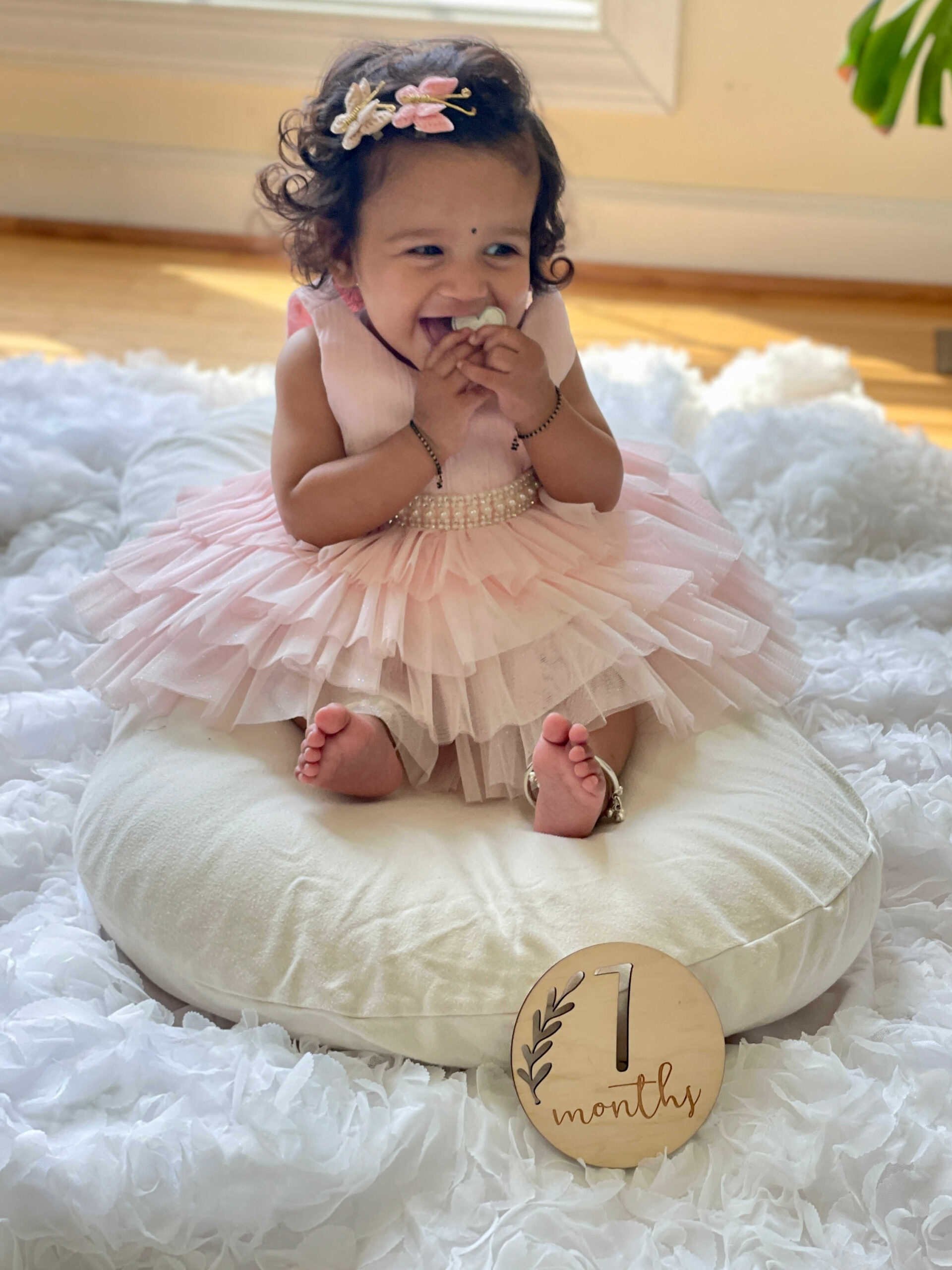 Baby Girl Monthly Milestone Pictures at Home- July (All things Chic Theme & Standing With Support Milestone) by Top US Mom Blogger Dreaming Loud