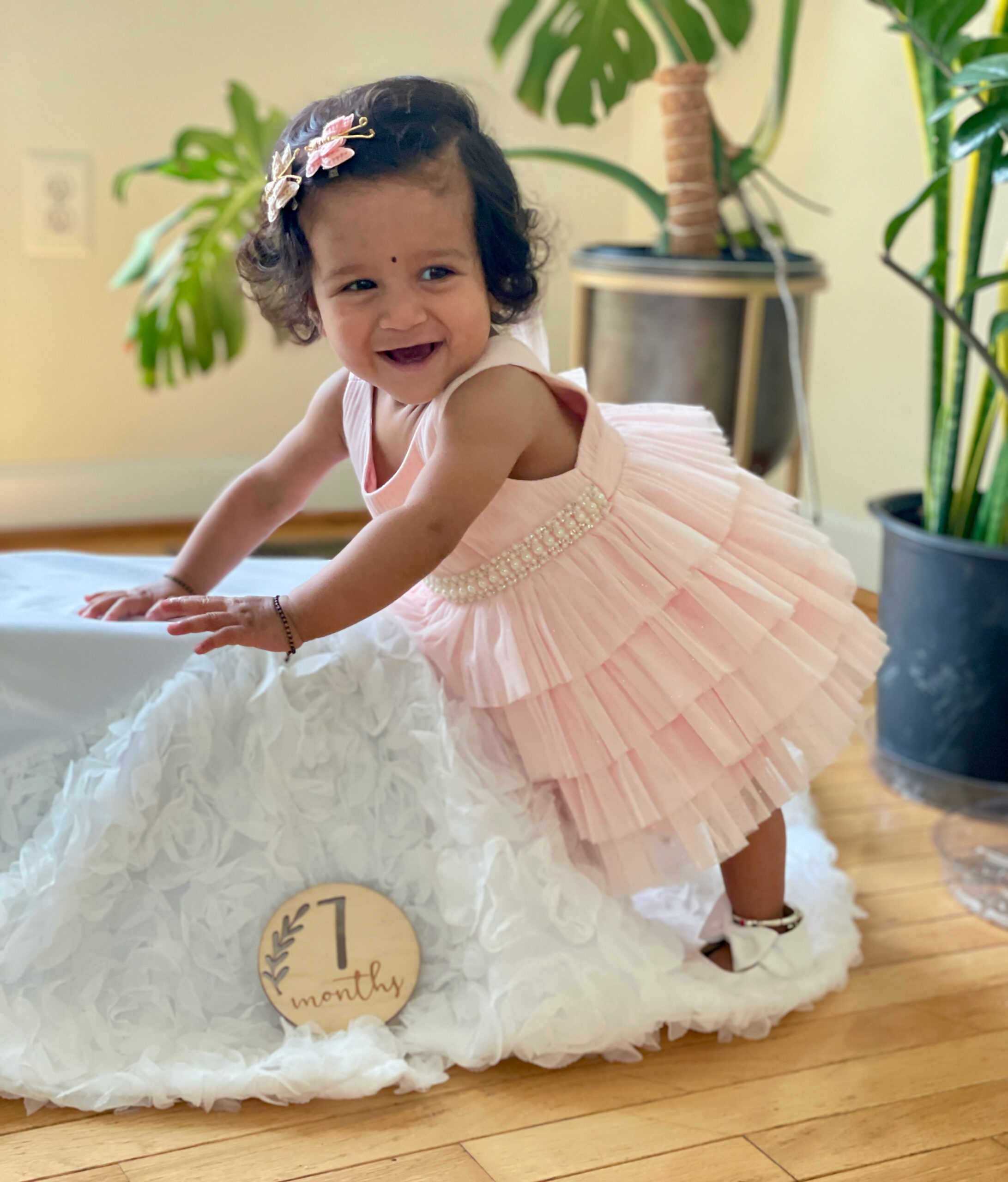 Baby Girl Monthly Milestone Pictures at Home- July (All things Chic Theme & Standing With Support Milestone) by Top US Mom Blogger Dreaming Loud