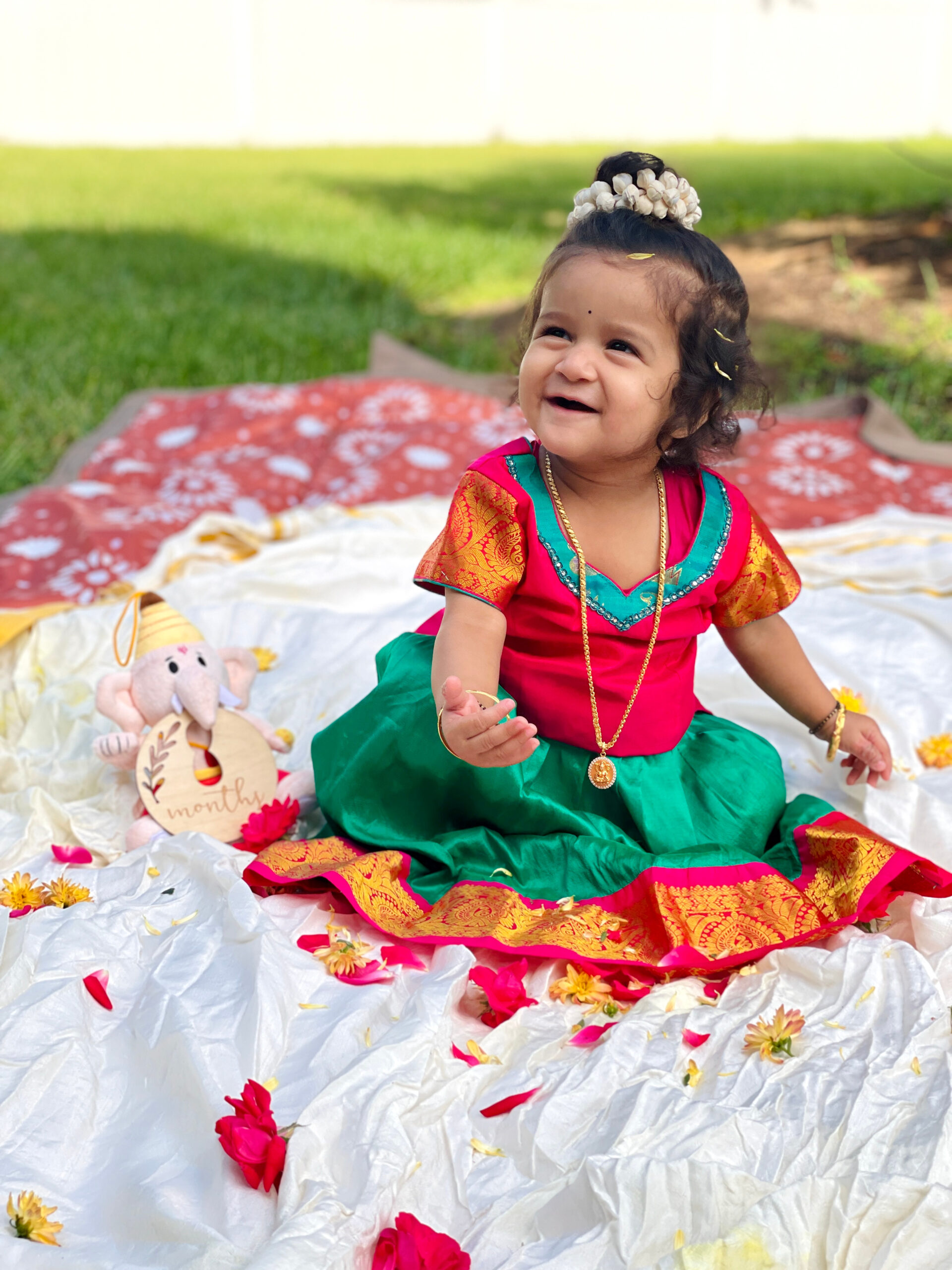 Baby Girl Monthly Milestone Pictures at Home-Month Eight – August (Ganesh Puja Theme & Standing Independently Milestone) by Top Us Mom Blogger Dreaming Loud