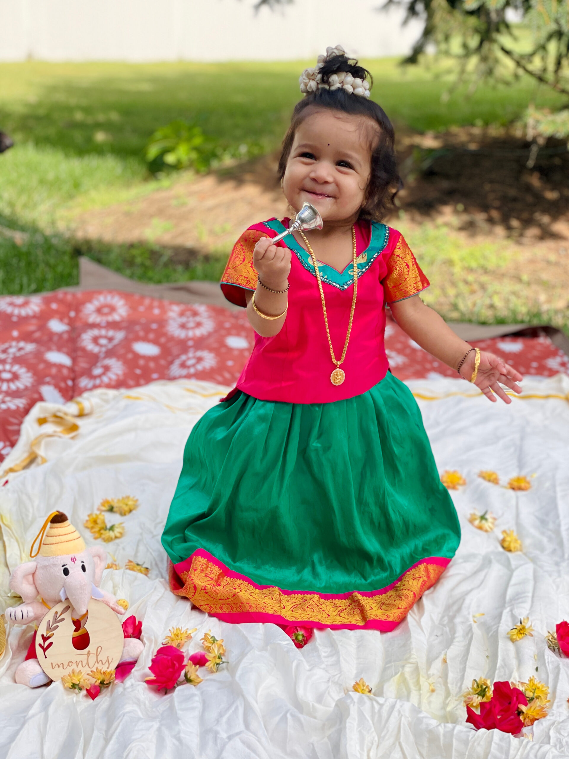 Baby Girl Monthly Milestone Pictures at Home-Month Eight – August (Ganesh Puja Theme & Standing Independently Milestone) by Top Us Mom Blogger Dreaming Loud