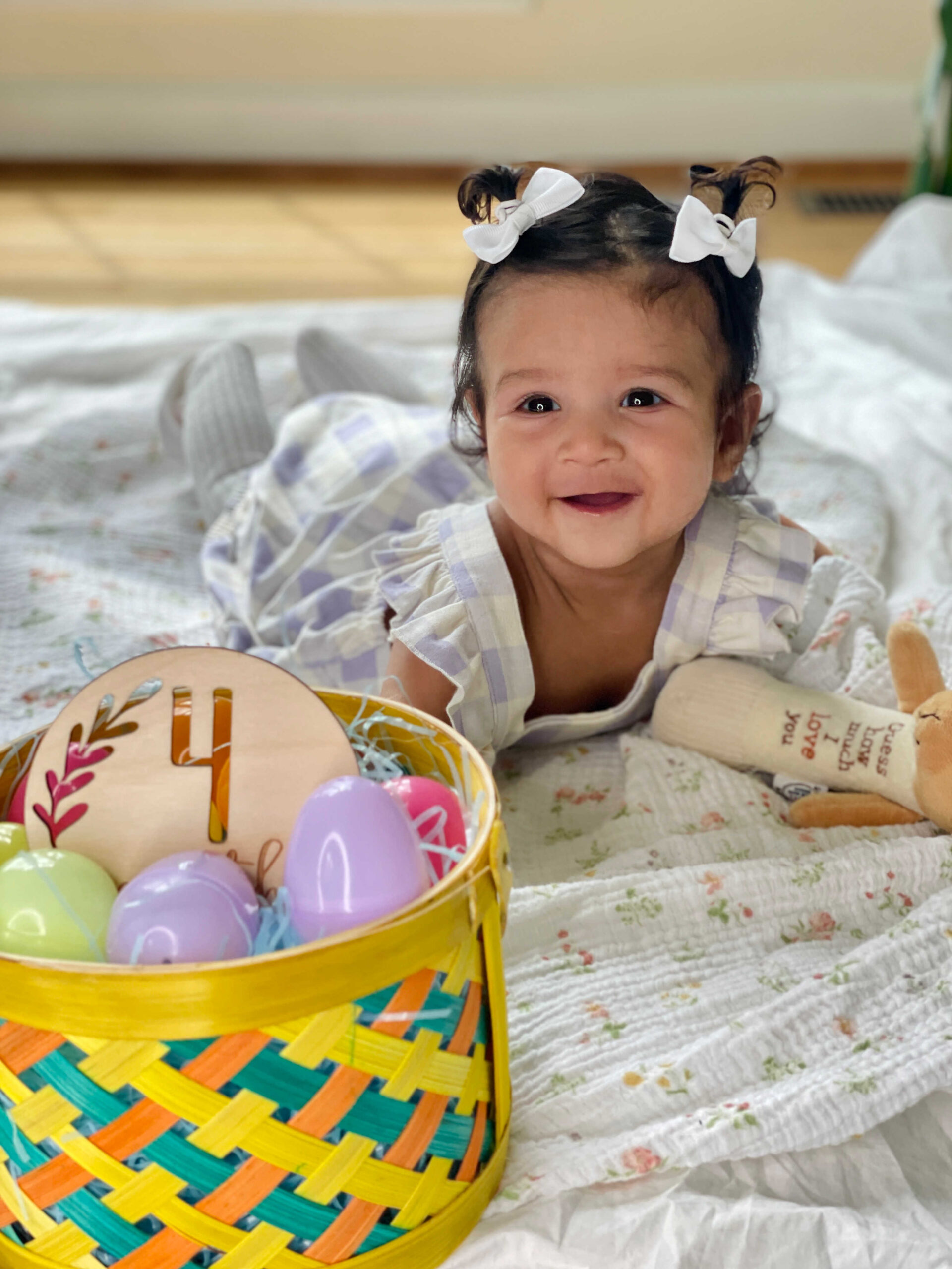 Baby Girl Monthly Milestone Pictures at Home- Month Four – April (Easter theme Baby Pictures) by Top US Mom Blogger Dreaming Loud