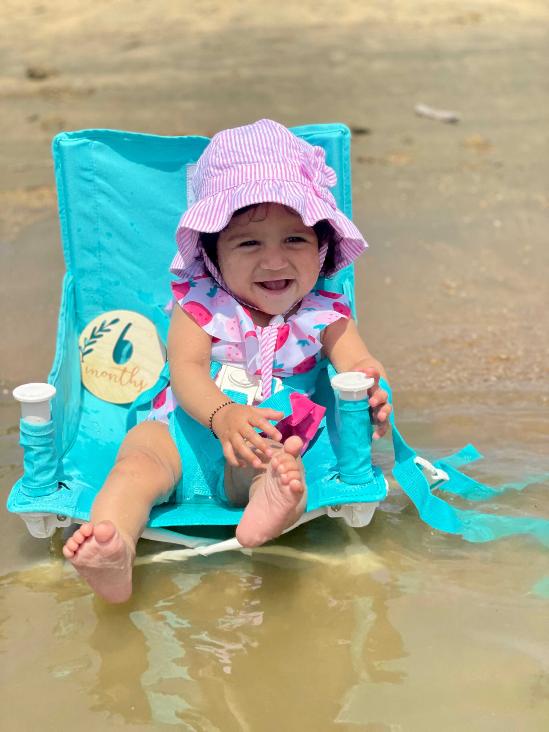 Baby Girl Monthly Milestone Pictures at Home- Month Six – June (Theme- Summer)baby beach picture ideas by Top US Mom Blogger Dreaming Loud