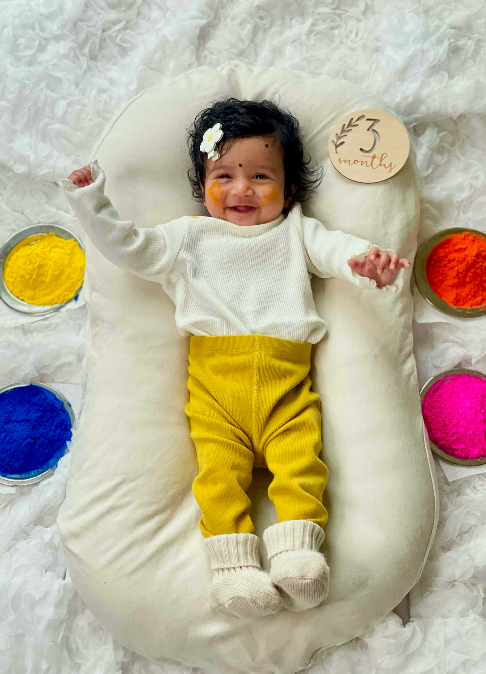 Baby Girl Monthly Milestone Pictures at Home- Month Threeo- March- Holi theme baby milestone pictures by Top US Mom Blogger Dreaming Loud
