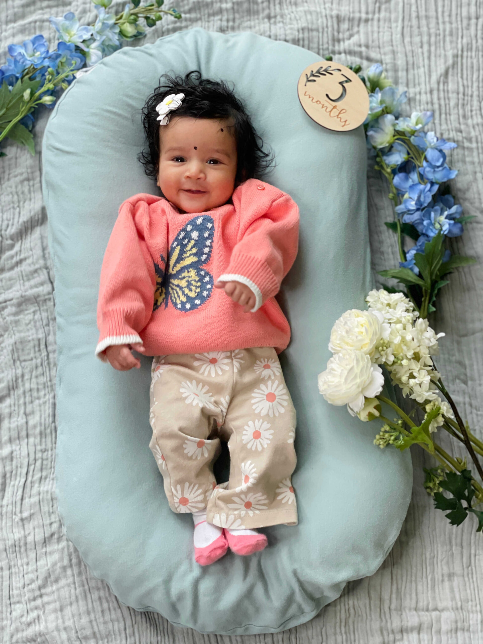 Baby Girl Monthly Milestone Pictures at Home- Month Threeo- March- Spring theme baby milestone pictures by Top US Mom Blogger Dreaming Loud