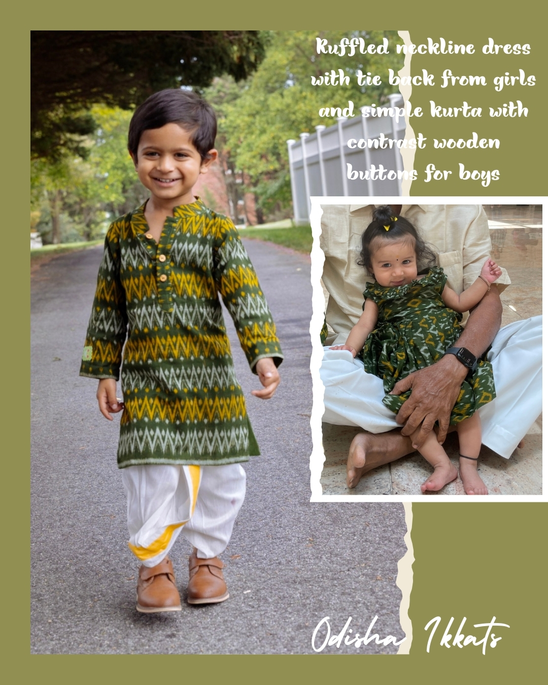 Beautiful Matching Indian Sibling Outfit Ideas for Festivals & Special Occasions- Sambalpuri ikkat kids dresses, Indian kurta designs, Indian girl dress designs