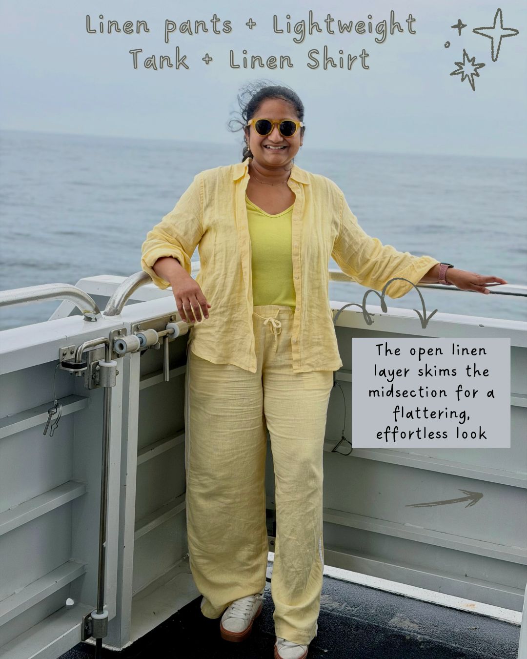 Practical Mom Summer Vacation Outfit Formulas- Mom Wearing Linen Pants with Tank and Linen shirt by Top Us Mom Blogger Dreaming Loud