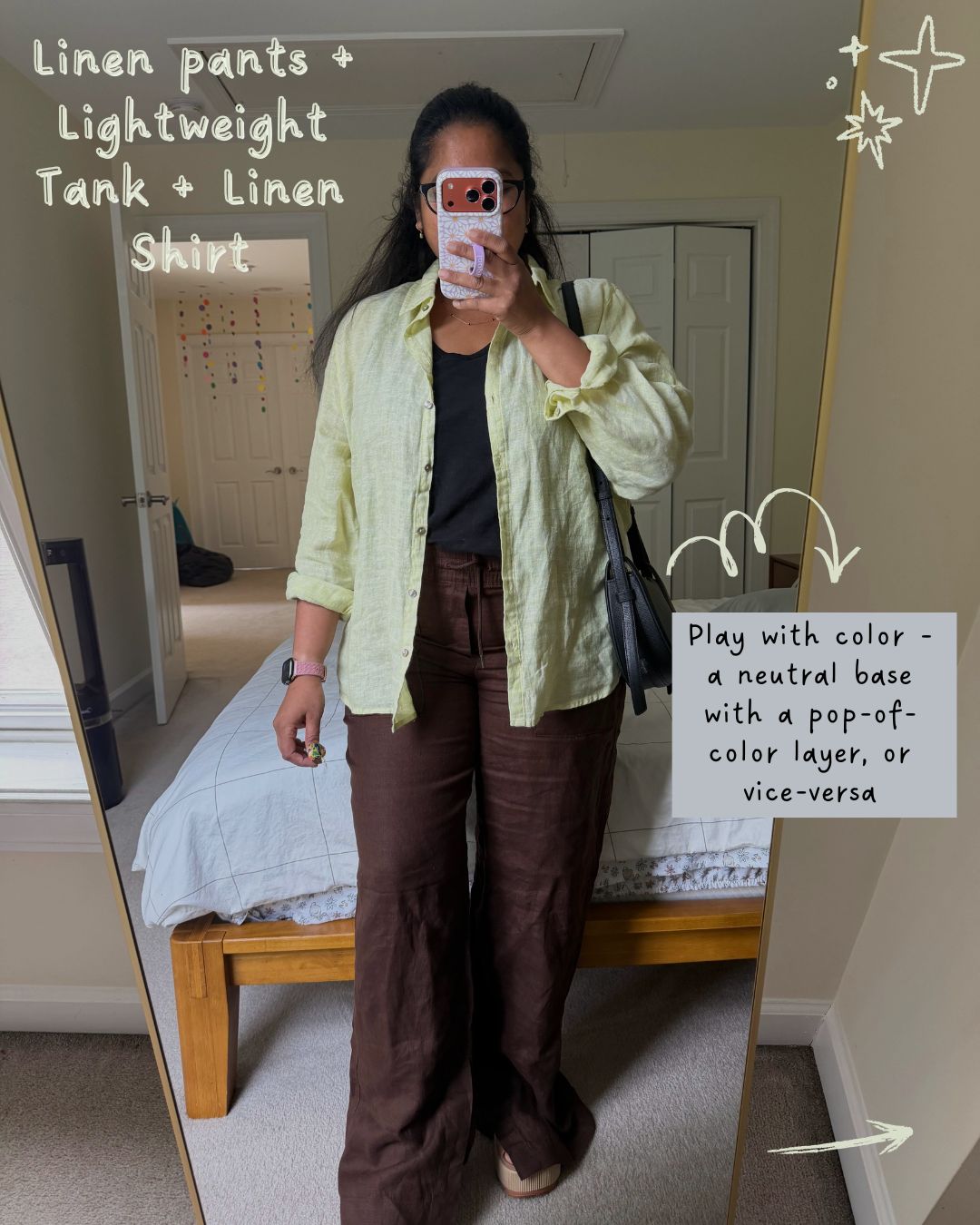 Practical Mom Summer Vacation Outfit Formulas- Mom Wearing Linen Pants with Tank and Linen shirt by Top Us Mom Blogger Dreaming Loud