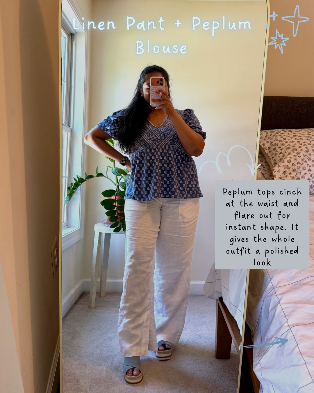 Practical Mom Summer Vacation Outfit Formulas- Wearing Athleta Retreat Linen High Rise Wide Leg Pant, Lucky Brand Mixed Print Puff Sleeve Cotton Babydoll Top by Top US Mom Blogger Dreaming Loud