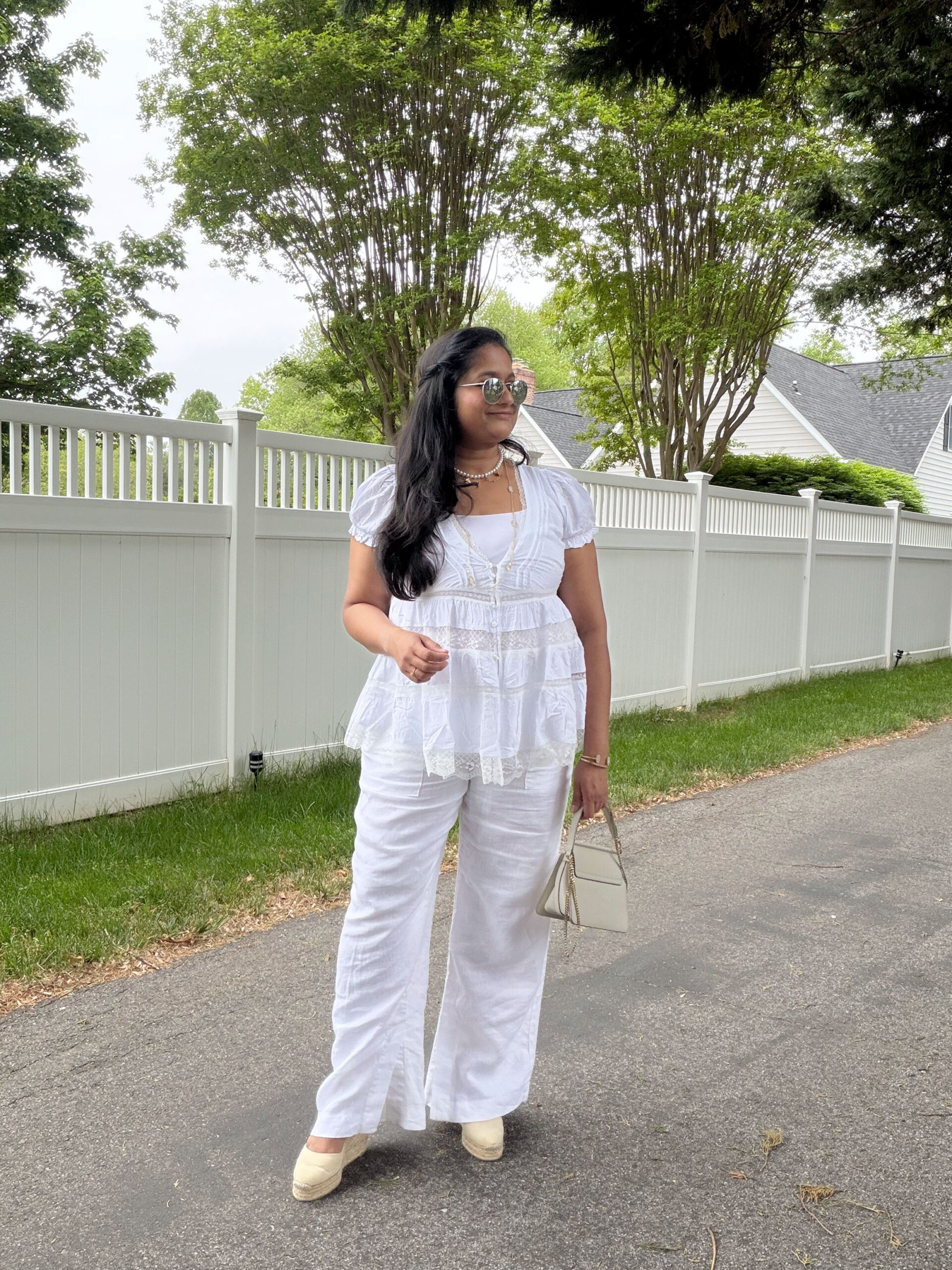 Practical Mom Summer Vacation Outfit Formulas- Wearing Athleta Retreat Linen High Rise Wide Leg Pant, Lace trim Babydoll Top by Top Us Mom Blogger Dreaming Loud
