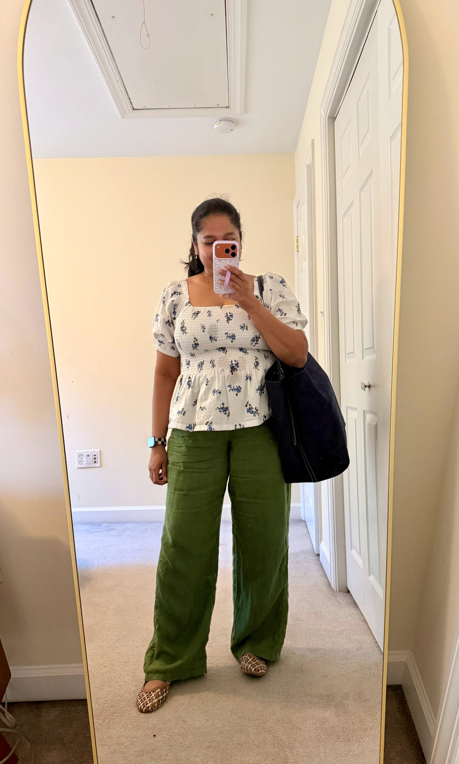 Practical Mom Summer Vacation Outfit Formulas- Wearing J.crew Soleil Linen pants, Lands End Poplin Elbow Sleeve Smocked Top by Top US Mom Blogger Dreaming Loud