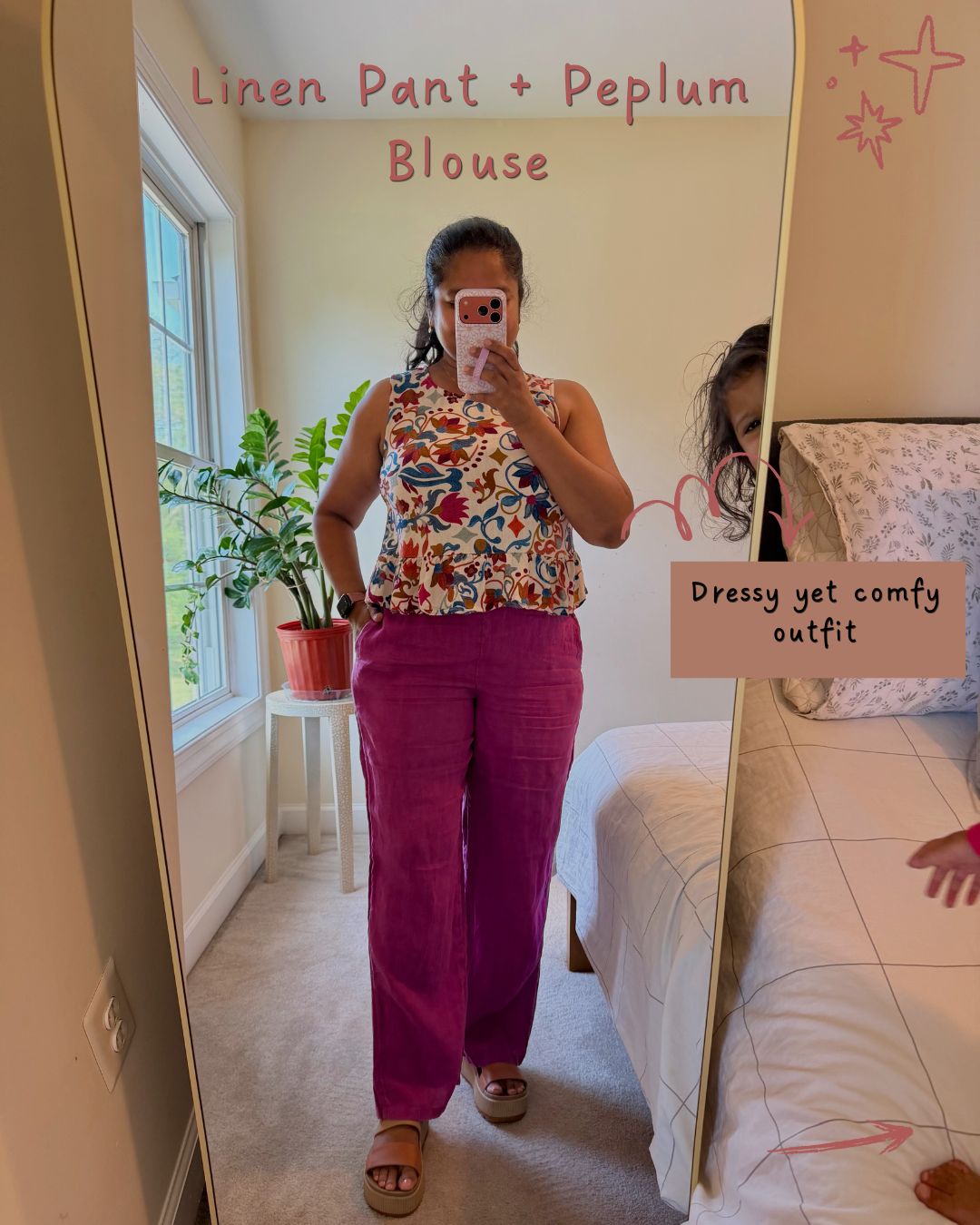 Practical Mom Summer Vacation Outfit Formulas- Wearing J.crew Soleil Linen pants, Vince camuto Sleeveless Peplum Top, Reef Water Vista Higher1