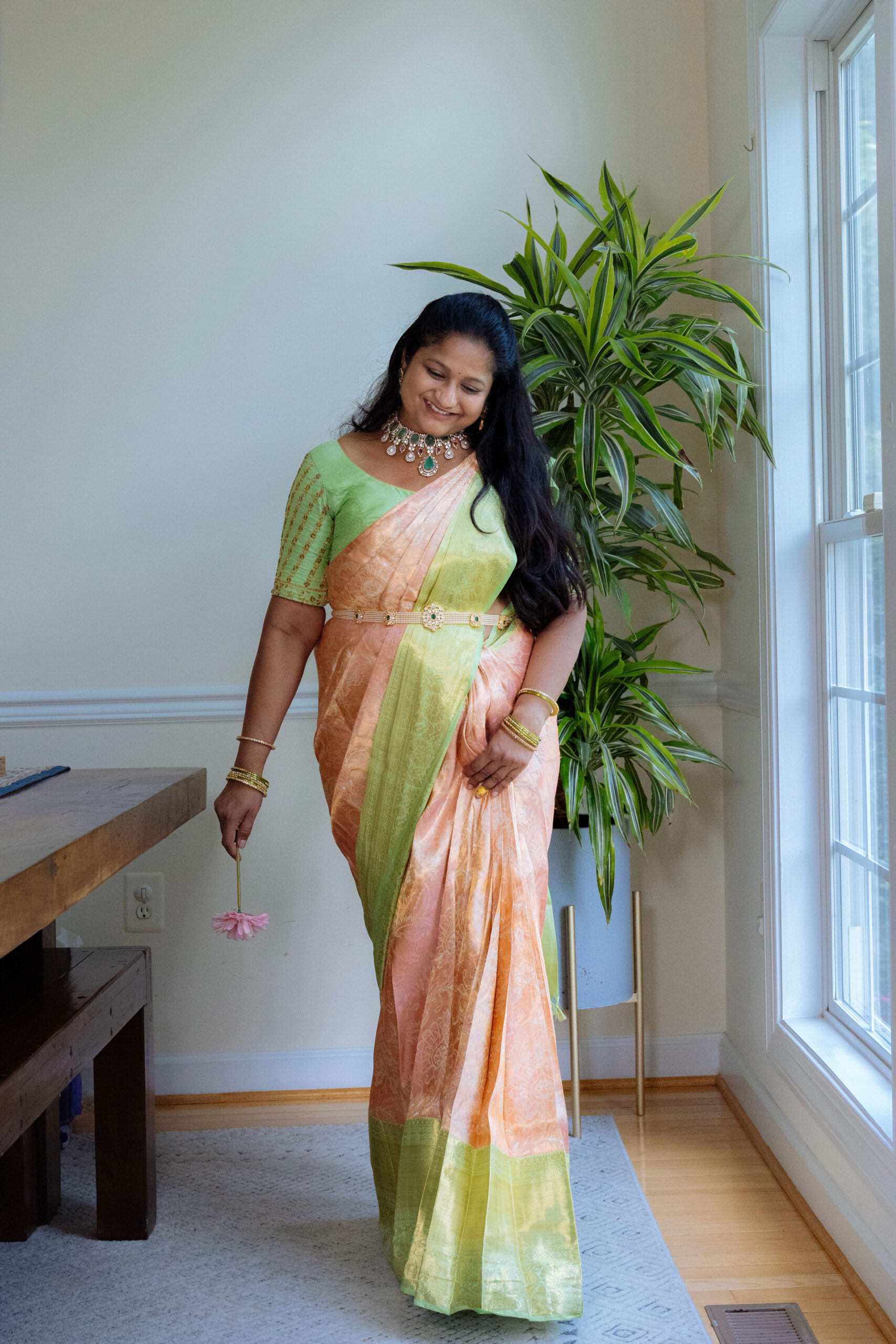 Pastel Peach Kanjeevaram with Victorian Necklace and Pearl hip belt by Top US Mom Blogger Dreaming Loud