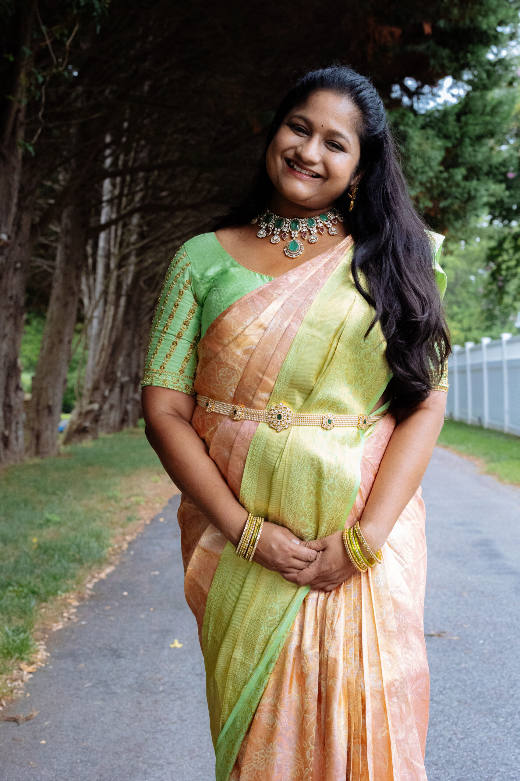 Pastel Peach Kanjeevaram with Victorian Necklace and Pearl hip belt by Top US Mom Blogger Dreaming Loud