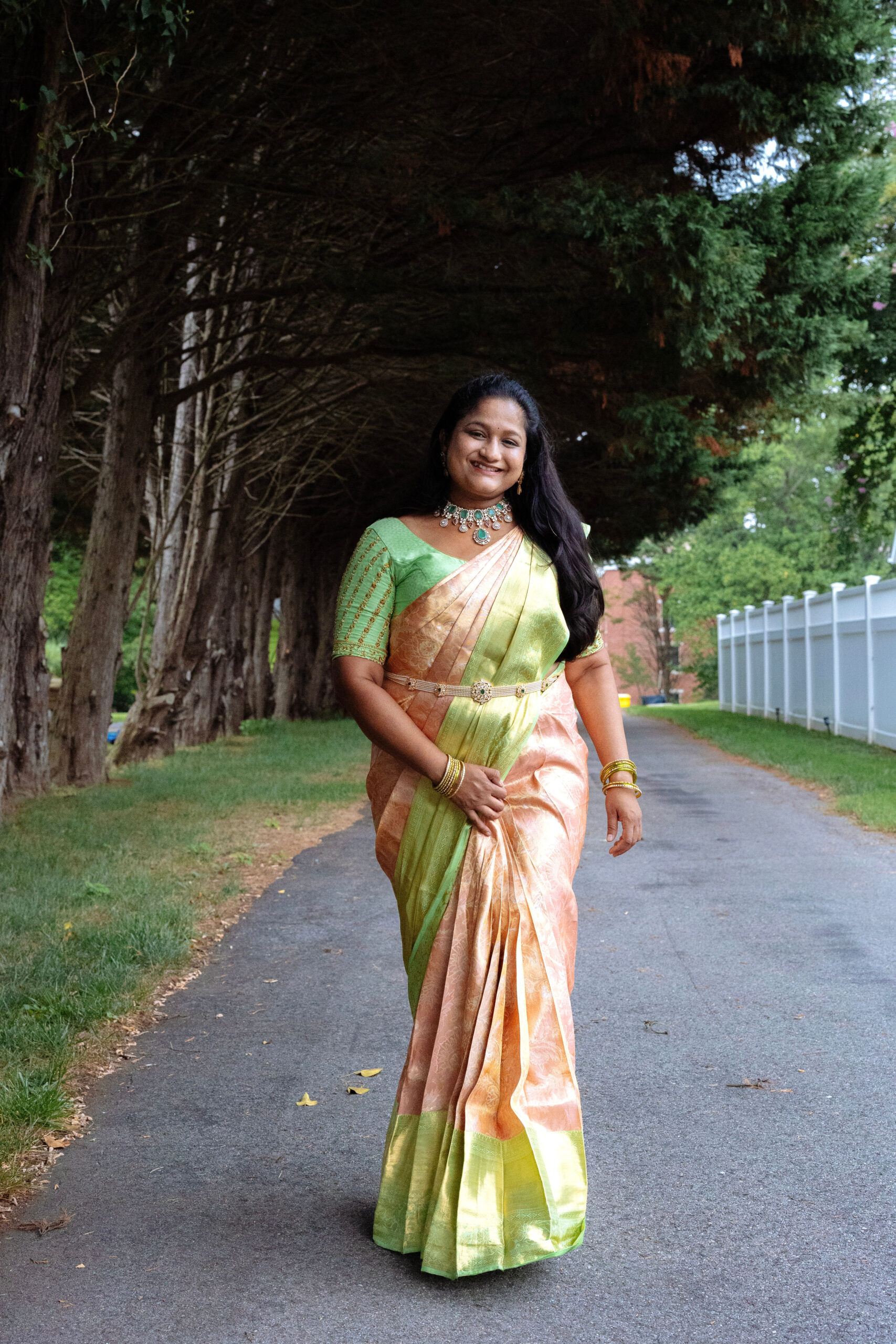 Pastel Peach Kanjeevaram with Victorian Necklace and Pearl hip belt by Top US Mom Blogger Dreaming Loud