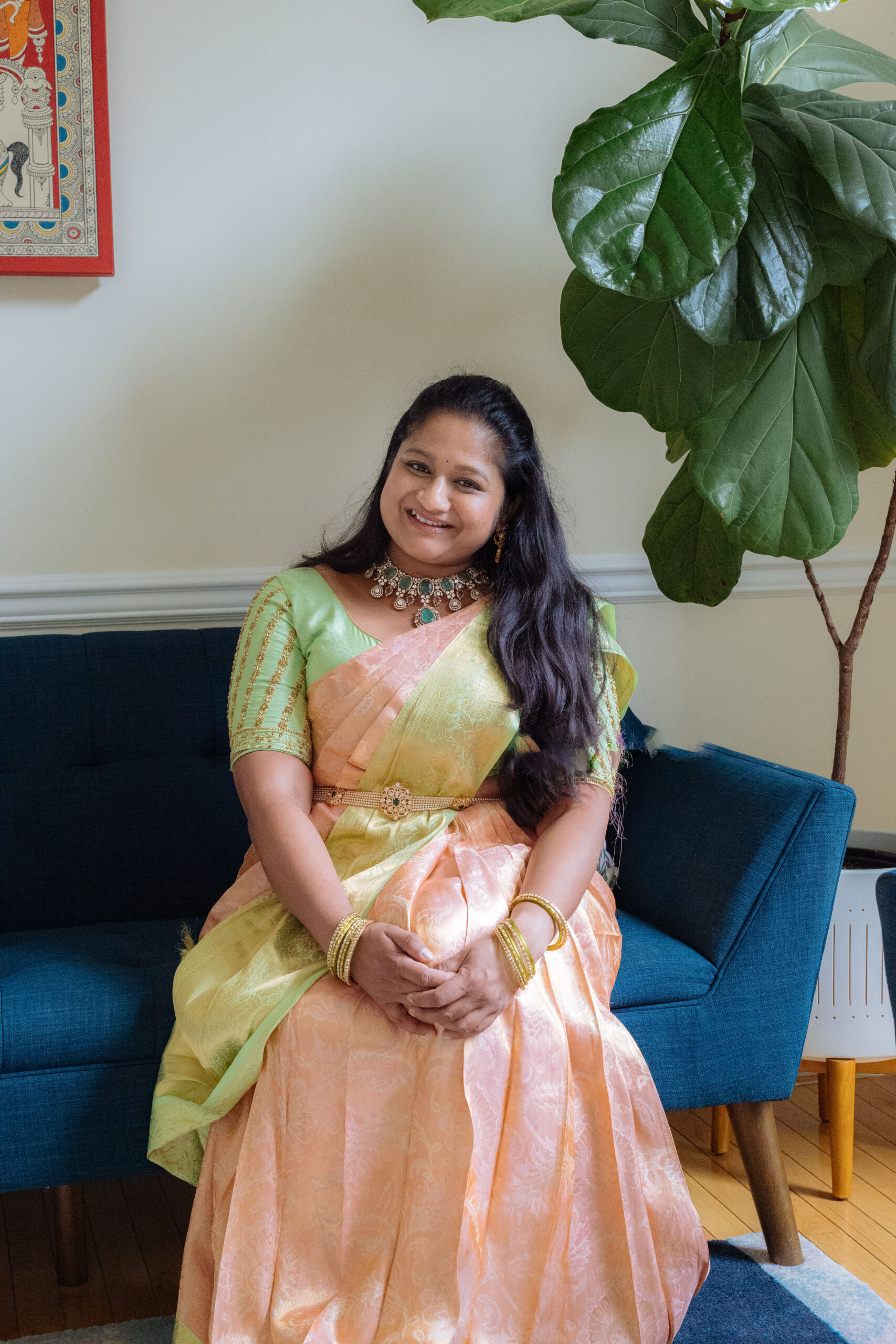 Pastel Peach Kanjeevaram with Victorian Necklace and Pearl hip belt by Top US Mom Blogger Dreaming Loud