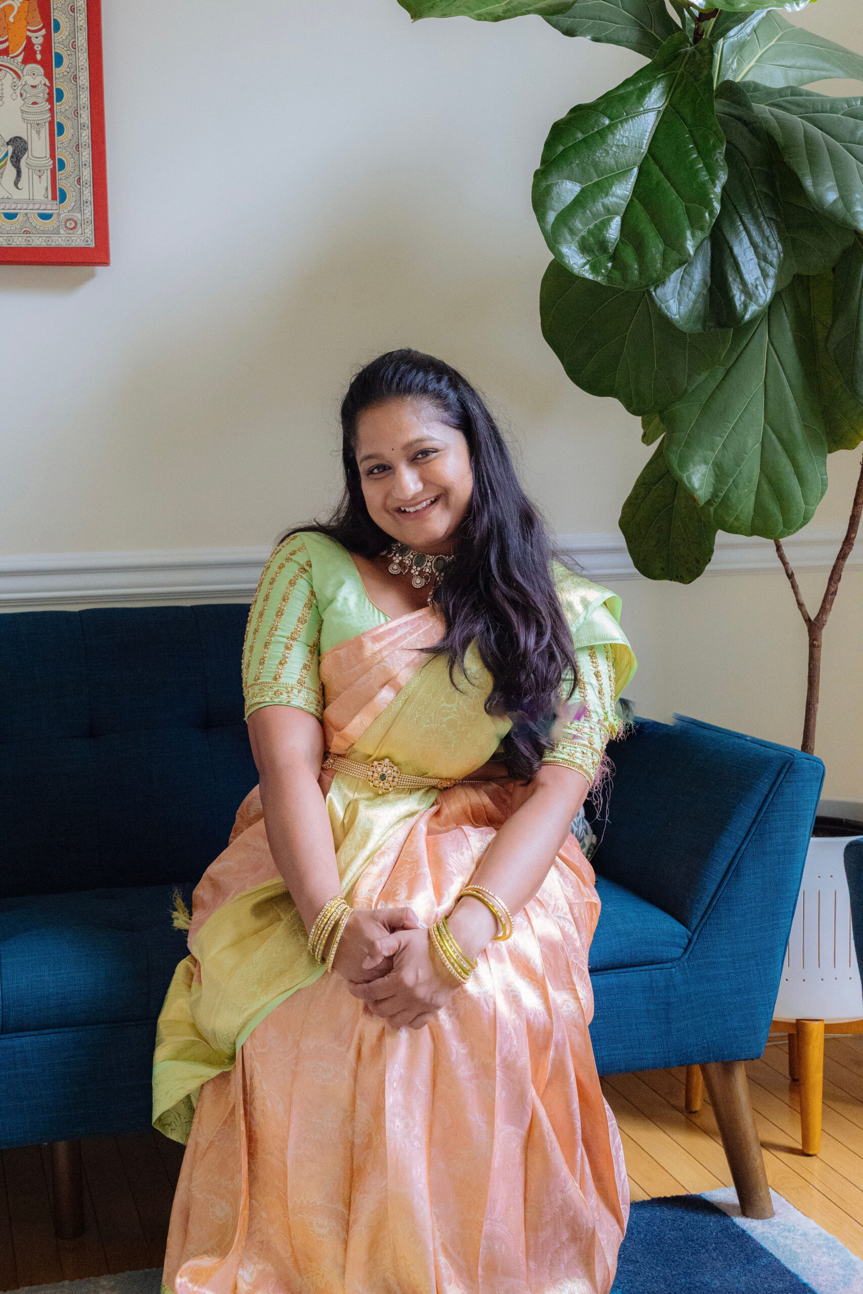 Pastel Peach Kanjeevaram with Victorian Necklace and Pearl hip belt by Top US Mom Blogger Dreaming Loud