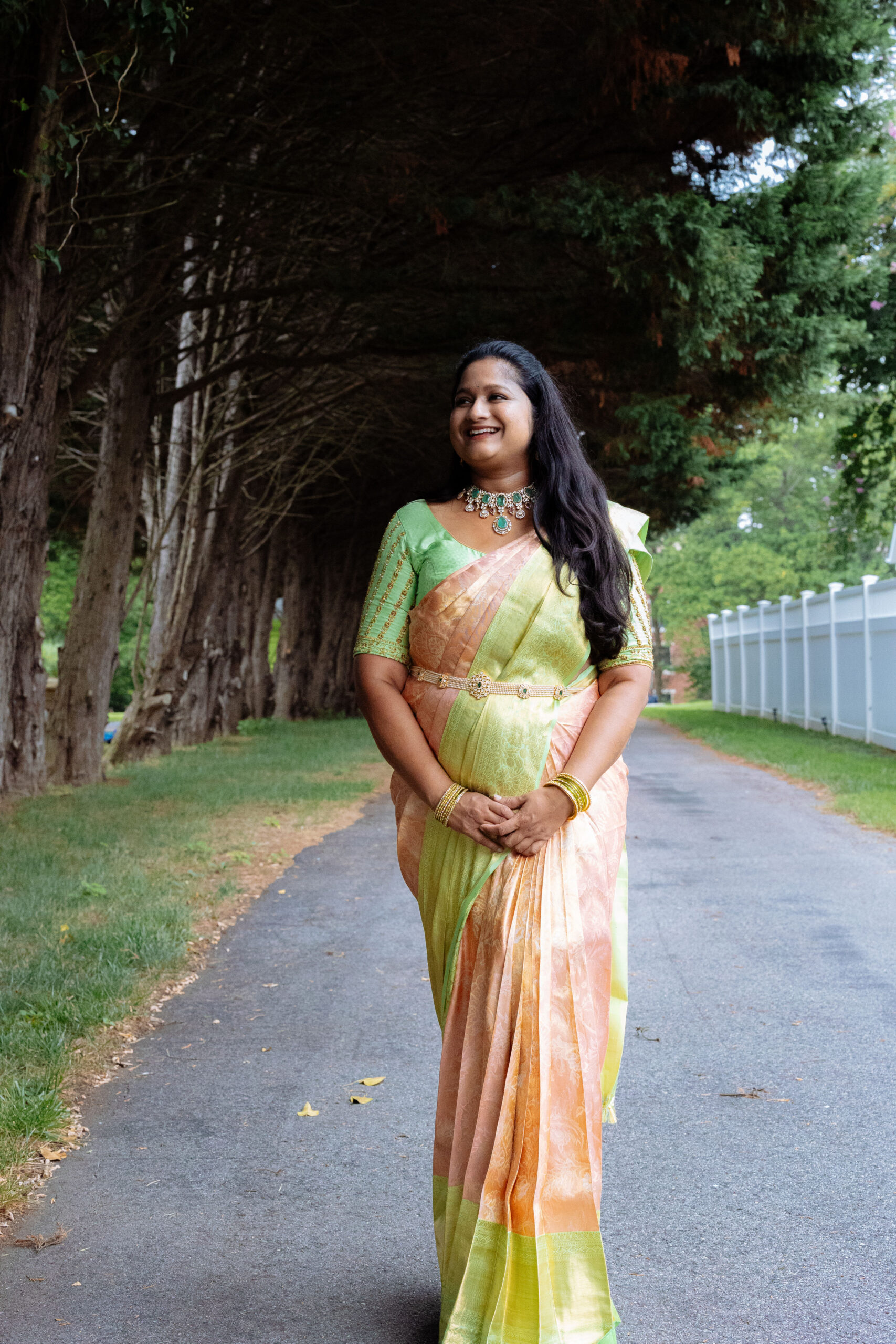 Pastel Peach Kanjeevaram with Victorian Necklace and Pearl hip belt by Top US Mom Blogger Dreaming Loud