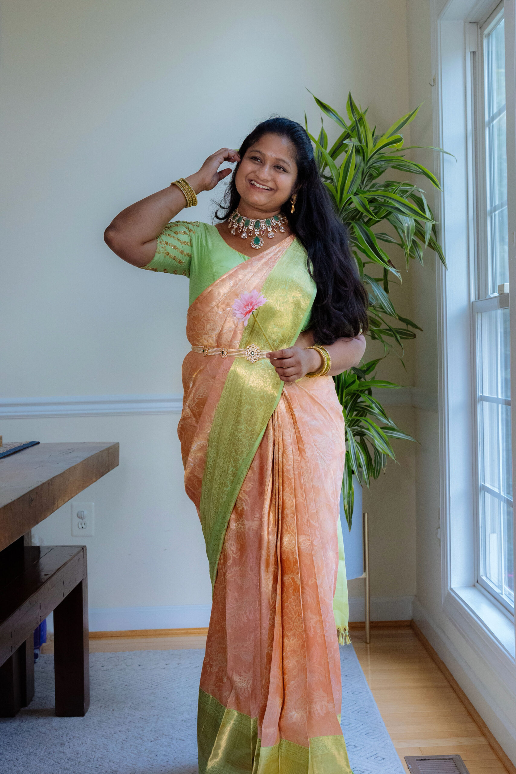 Pastel Peach Kanjeevaram with Victorian Necklace and Pearl hip belt by Top US Mom Blogger Dreaming Loud